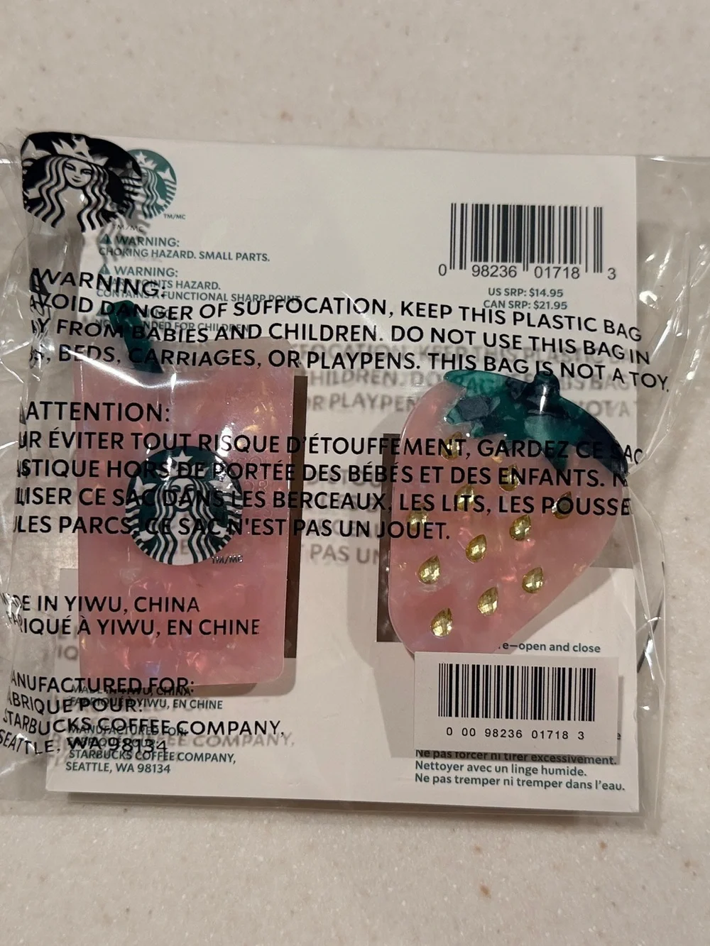 Starbucks Pink Strawberry & Cup Acetate Hair Claw Clips - Set of 2
